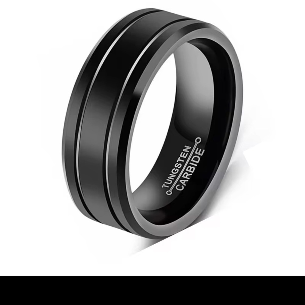 Mens Tungsten Carbide Black Wedding Band Ring Beveled Edge Minimalist Design - Picture 5 of 7